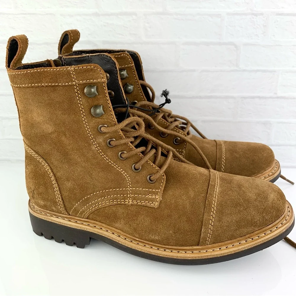NEW! Frye Men’s Russell Suede Cognac Lace Up Cap Boots Size 8